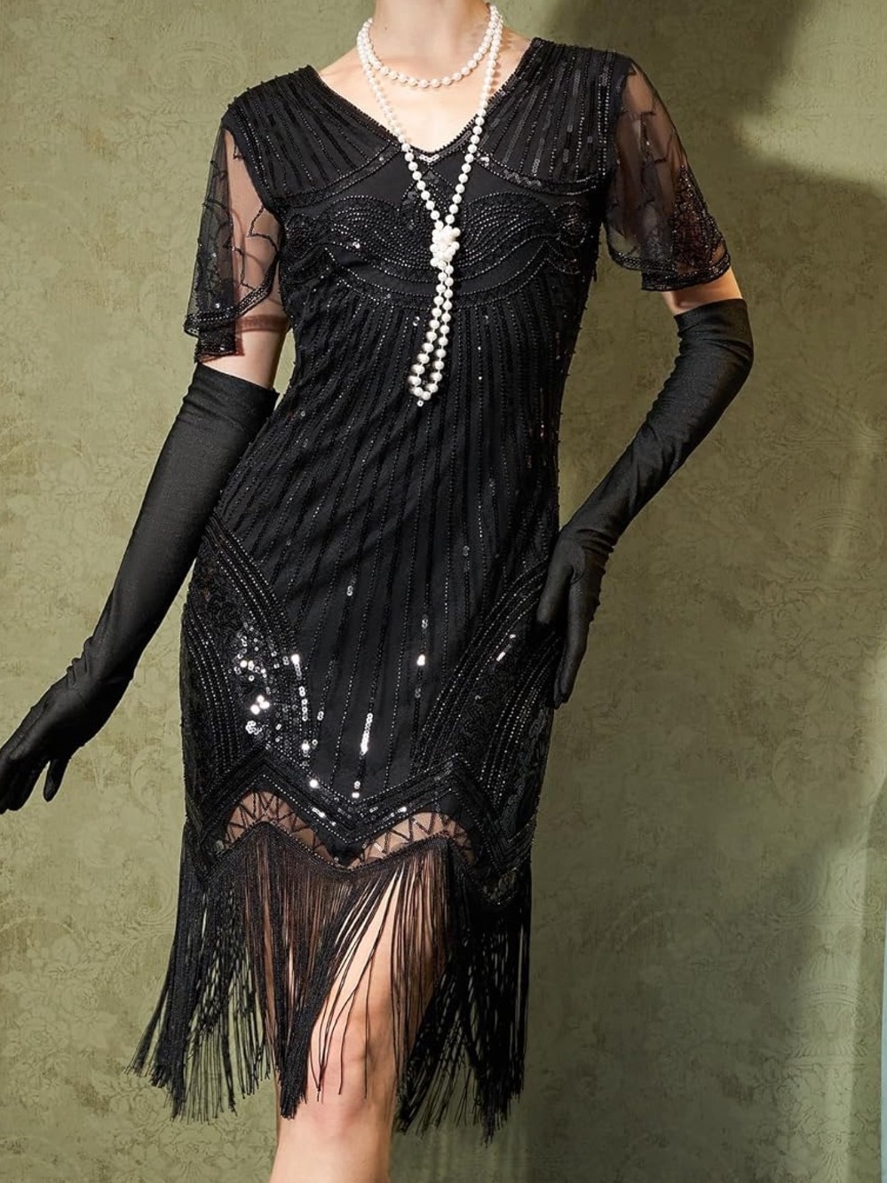 Yessa Black Sequin Fringe Flapper Dress Gatsby 1920s Inspired Cocktail Dress NWT